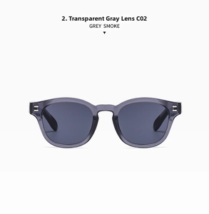 Detail view of transparent grey sunglasses with smoke lenses and dual silver metal rivets