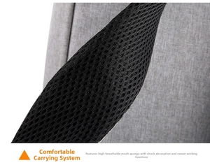 Detail of gray backpack featuring breathable thickened honeycomb mesh and shockproof padding