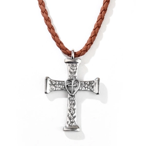 Vintage punk bolo tie with brown leather cord and silver hammer-textured heart cross pendant