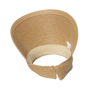 Detailed top view of the woven raffia sun visor showing the inner fabric sweatband