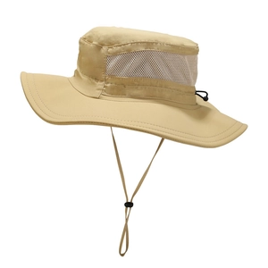 Khaki wide brim sun hat with breathable mesh and quick-dry fabric in a side view