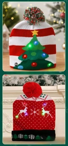 Detail of Christmas LED beanie with festive tree and reindeer patterns with ON/OFF switch
