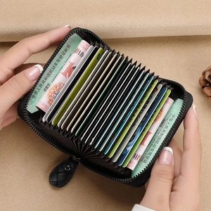 Porte-cartes accordéon en cuir noir à grande capacité avec fermeture éclair robuste