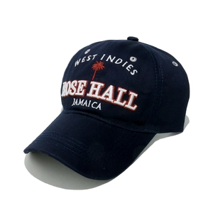 Detailed view of West Indies embroidery and red palm tree on a navy baseball cap