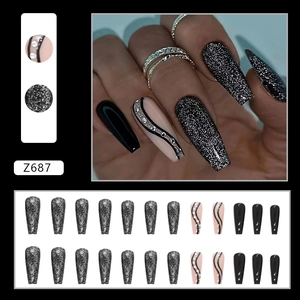 Sparkly black glitter ballet fake nails with rhinestones and pearl accents, model Z687