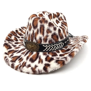 Detailed view of leopard print faux fur cowboy hat with leather band and star buckle