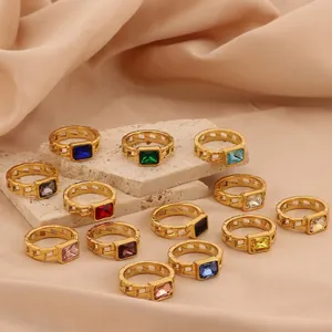 Vintage Rectangle Zircon Ring Titanium Steel 18K Gold Plated Hollow Chain Band Fashion Jewelry For Women