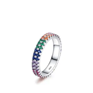 Minimalist S925 sterling silver rainbow eternity ring with multi-colored pavé cubic zirconia