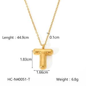 Detail view of gold bubble letter T necklace with precise dimensions and weight specs