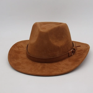 Classic brown suede wide brim fedora hat with vintage leather band and metal buckle