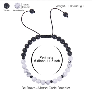 Be Brave Morse code bracelet featuring black volcanic stone and white howlite beads