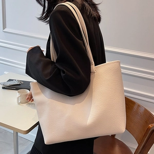 Minimalist Lychee Pattern PU Leather Tote Bag And Pouch Large Capacity Commuting Shoulder Handbag For Women Chic