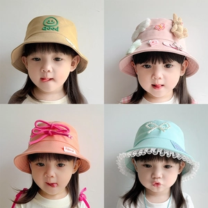 Cute kids bucket hats set with yellow smile embroidery and pink rabbit ears decoration