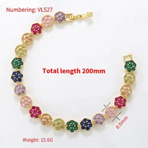 Luxury copper bracelet with multi-colored crystal flower links and gold finish plating