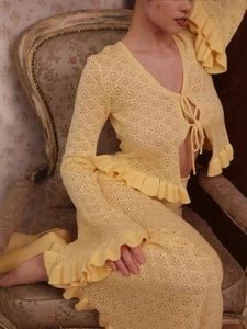 Women Hollow Out Crochet Knit Top And Midi Skirt French Retro Long Sleeve Lace Up Crop Top Bodycon Cotton Blend