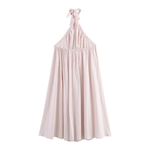 Pink and white striped halter maxi dress with bow tie neckline and A-line loose silhouette