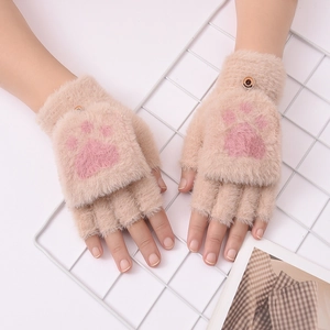 Detail of beige plush flip top gloves featuring a cute pink cat paw embroidery design