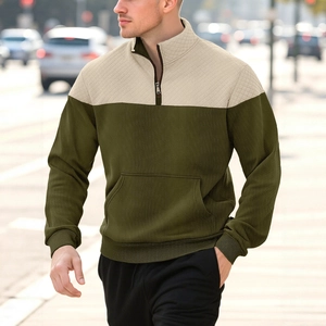 Men's half-zip knit polo sweatshirt with beige quilted texture and olive green stripes