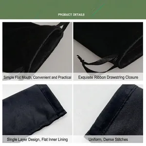Elegant black velvet jewelry pouch with drawstring showing multi-angle material details