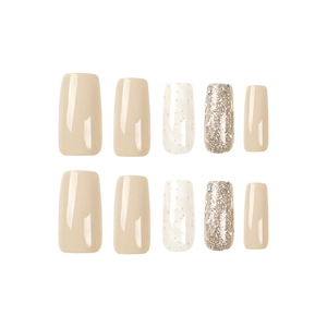 French square press-on nails set with nude gloss, marble texture and silver glitter finish