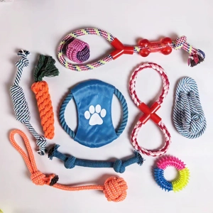 Detailed overhead view of colorful durable cotton rope knots and rubber dog chew toys