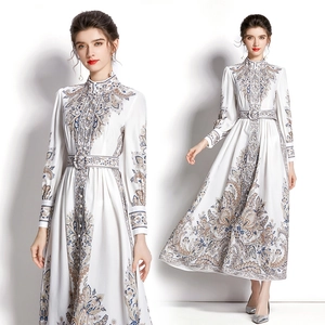 Elegant Vintage Paisley Print Maxi Dress For Women Stand Collar Long Lantern Sleeve With Belt Holiday Vacation Polyester