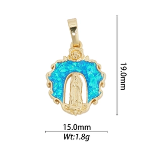 Detailed size view of Virgin Mary 18k gold plated pendant with blue opal stone inlay