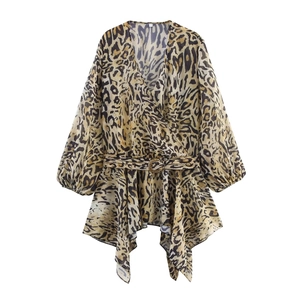 Sexy Leopard Print Wrap Blouse Women Deep V Neck Chiffon Top Long Lantern Sleeve Irregular Hem With Belt Streetwear
