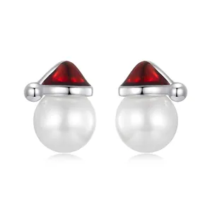 Christmas Hat Artificial Pearl Stud Earrings With 925 Sterling Silver Earring Post Red Enamel Holiday Jewelry For Women
