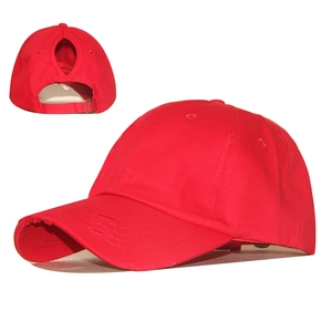 Red cotton ponytail baseball cap featuring distressed brim and adjustable metal buckle