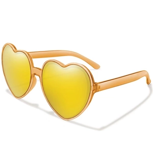 Fashionable heart-shaped sunglasses with orange frames and yellow mirrored lenses