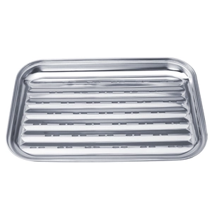 Rectangular stainless steel BBQ grill pan with perforated drainage holes for outdoor camping