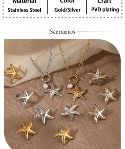 Detail of PVD plated stainless steel starfish jewelry set in gold and silver finish