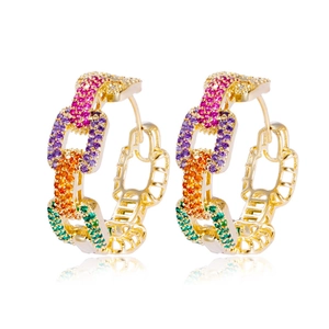 French style hoop earrings with rainbow crystals and golden chain link design