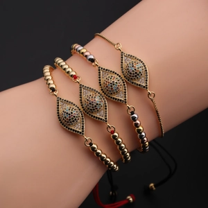 Evil Eye Bracelet Copper Colorful Cubic Zirconia Adjustable Rope Chain Turkish Ethnic Handmade Jewelry For Women