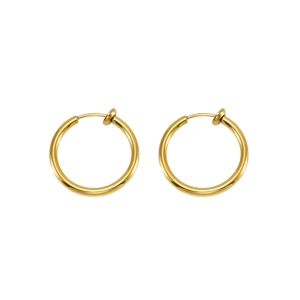 Detail view of gold clip-on hoop earrings with a polished finish for non-pierced ears