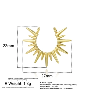 Detail of 18k gold plated sunburst necklace connector with dual rings and 22mm x 27mm dimensions