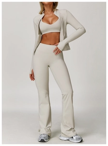 Dettagli del set da yoga 3 pezzi con reggiseno sportivo, giacca e leggings a zampa
