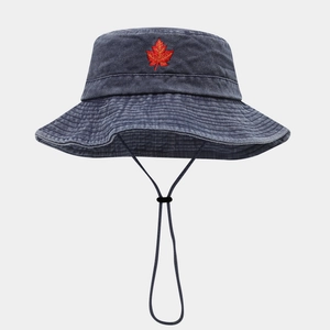 Dark grey sun hat with red maple leaf embroidery and adjustable chin strap