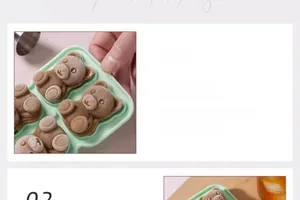 Detail of light green silicone bear mold showing easy release of frozen coffee ice cubes