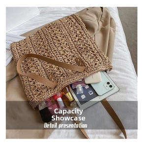 Spacious woven straw tote bag showing internal storage capacity with daily essentials