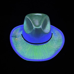 Detail of neon green LED cowboy hat with glowing blue trim for festival night parties