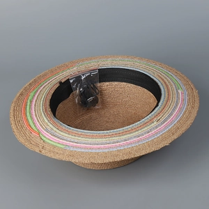 Boho raffia sun hat with colorful stripes and adjustable wind rope for beach wear