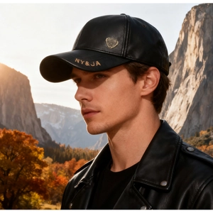 Detail of black leather baseball cap with gold NY&JA embroidery and metal crest badge
