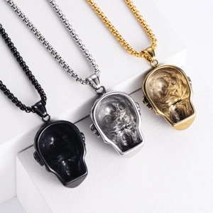 Punk style skull head pendants in black, silver and gold finish on box chains