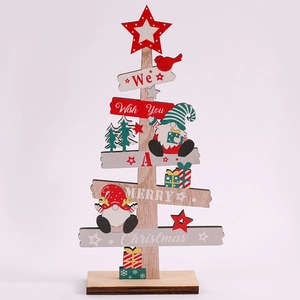 Wooden Christmas tree desk decor with gnome and Merry Christmas sign on white background