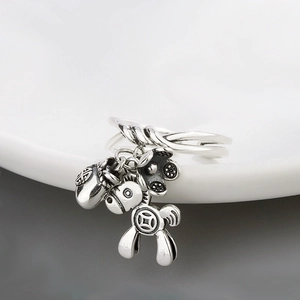 Retro Copper Open Ring For Women Adjustable Silver Plated Lucky Horse Money Bag Flower Charm Jewelry Oxidized Ring Gift