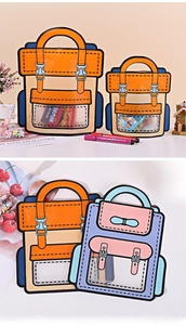 Detail of 2D cartoon backpack gift bag with handle and transparent snack window