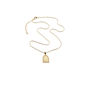 Detailed view of gold Mary pendant on a snake chain with lobster clasp and extension