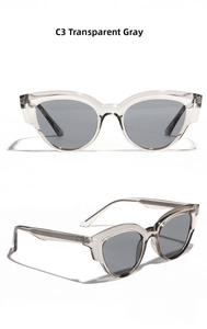 Detail view of transparent grey cat eye sunglasses with TR90 temples from multiple angles